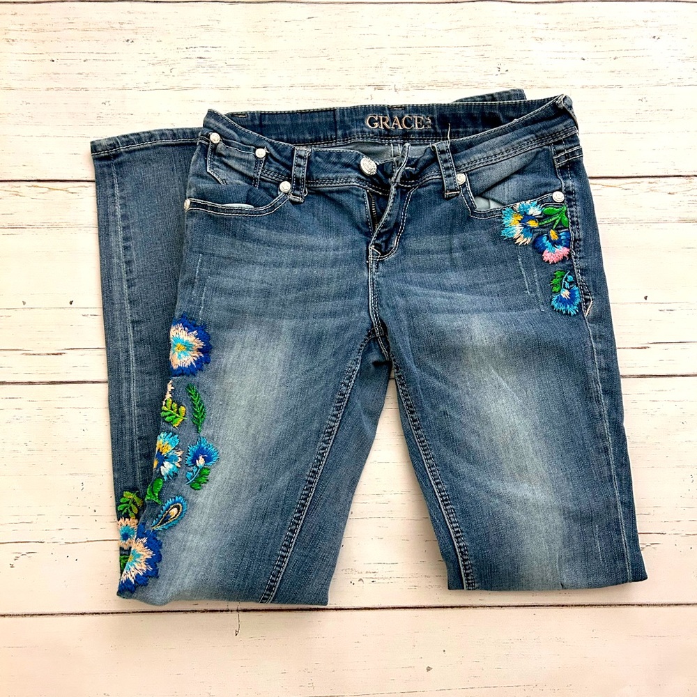 Grace In LA low rise skinny embroidered jeans size 28
